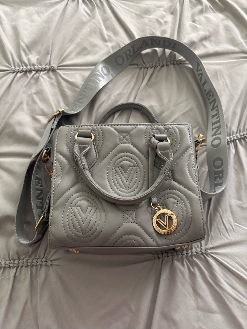 Valentino Orlandi Light Gray Quilted Top-Handle Satchel with Logo Charm
